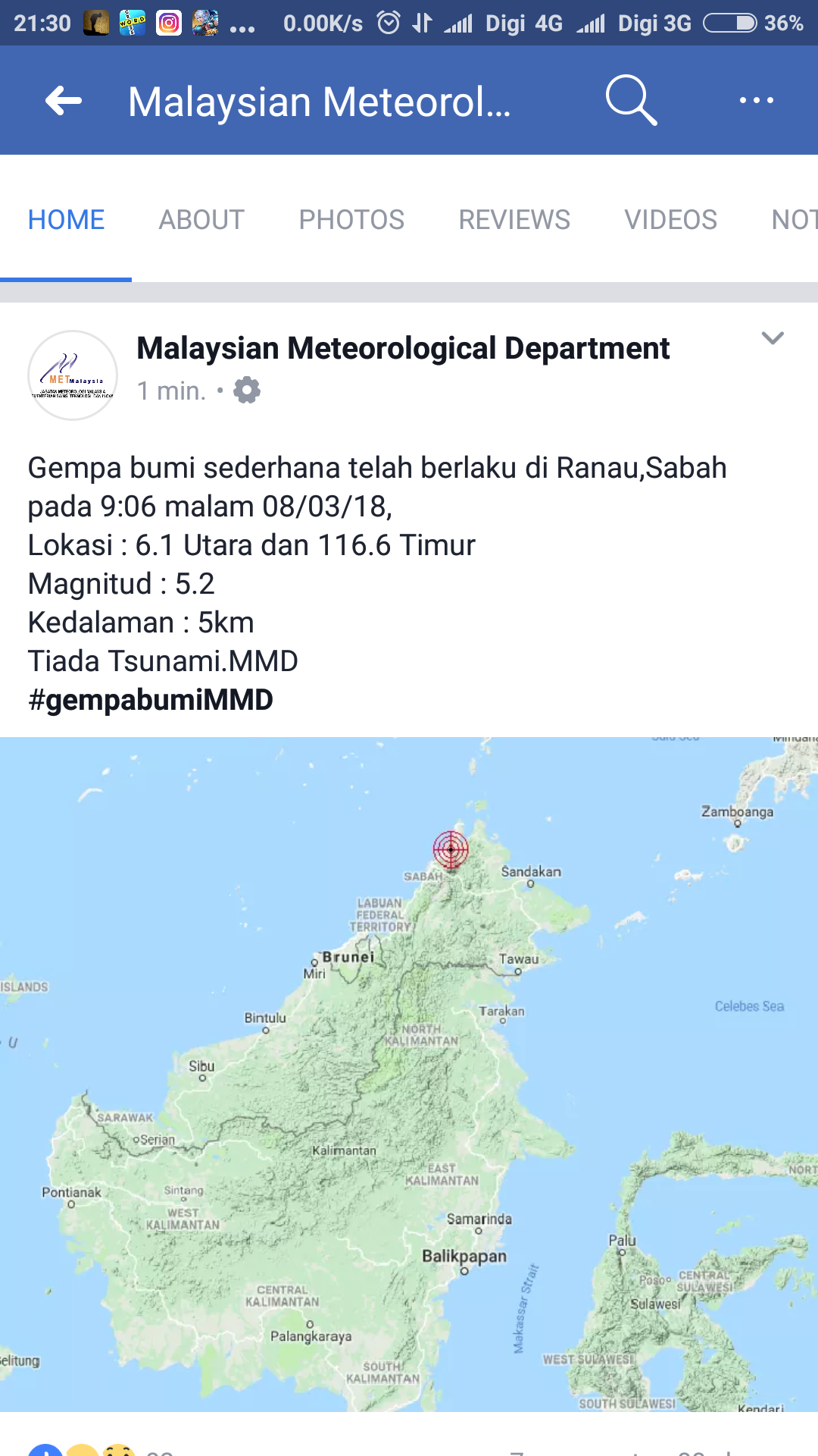 Gegaran Gempa Bumi KK, Sabah 8 Mac 2018